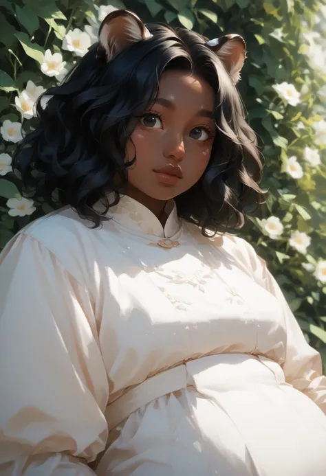Anime illustration, semi-realistic, brown skin chubby woman with ocelot ears, dark skin, dark brown skin, demihuman, ocelot ears on head, ocelot tail, only ocelot ears, (((plus size body))), ((chubby body)), chubby face, round face, no human ears, no earri...