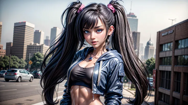 1girl, solo, long hair, open hoodie, midriff, looking at viewer, sexy, pants low on hips, ((unbuttoned pants)), cowboy shot, (full body portrait), ((black hair)), hip-hop, lips, sexy mouth, ribbon, hair ribbon, bangs, upper body, part side up, blue eyed, b...