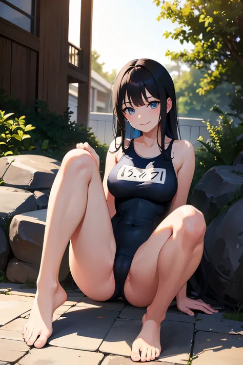 1 crouching adult woman, long black hair, blue eyes, medium breasts, blue one piece school swimsuit, naked feet, open smiling face, full body image