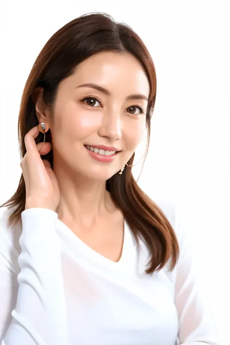 (  table top、  top quality 、8k、  Award-winning work  、 Ultra-fine)、  one woman、 45 years old、 mature woman、( face up:1.1)、( small cleavage:1.1)、 perfect and beautiful face 、(  pure white background :1.3)、(v-neck long sleeve tight knit:1.2)、An elegant stand...