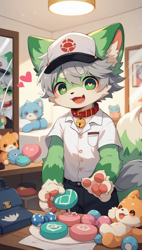  very detailedな, very detailed, green fur gray hair,,male,骨を見てExcited, heart eyes,participate, red collar, green white and colored hat, cute face, fluffy fur like one,Excited,Horny boy,Beautiful room,mirror,Smartphone, 's room ,Smiling face,Dropped ears, l...