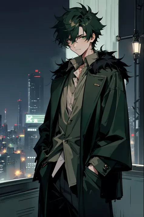 1male, short messy hair, dark green hair, black button up shirt, green fur coat, bright night city background, uninterested expression, hands in pocket