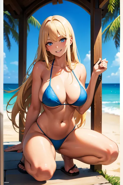 1 crouching adult woman, long blonde hair, blue eyes, big breasts, blue micro bikini, tanned skin, open smiling face, full body image