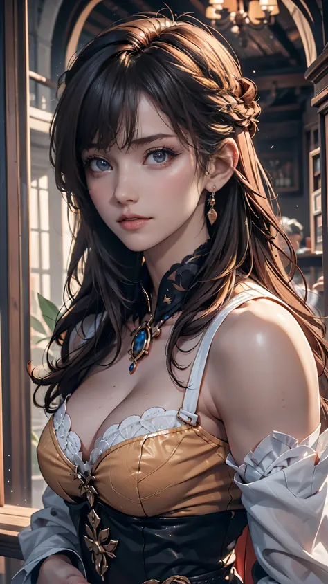 ( top quality, 8k, masterpiece :1.3), Lovely young man with perfect figure and long hair :1.4, Zhongli, Zhongli,  Dark Brown Hair, Swollen breasts,  Genshin Impact, On the Ruins, In the hands of a gun,  very detailed face and skin ,  detail eyes,  double e...