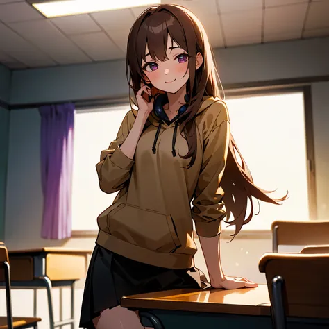 1girl, Solo, High Resolution, Looking at viewer, Anatomically Correct, Textured Skin, Smile, Blush, Long Hair, Brown Hair, Purple Eye, Brown Oversize Hoodie, Earphone, Black Skirt, Sitting on Classroom's Chair Pose. Classroom Background, Cowboy Chot, Soft ...