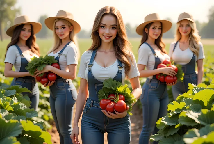 A symmetrically balanced wide angle image set of hardworking farmer girls. The scene features a lively, luscious, and shapely farmers bachelorettes with a blush and a smile, dressed in fully farmer worker outfit, shapely, holding loads of vegetables goods,...