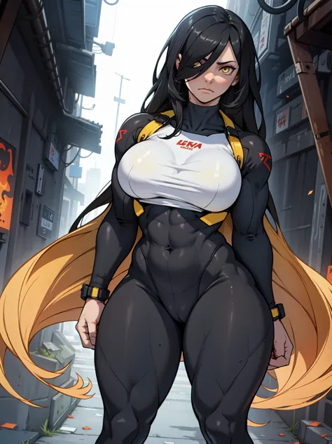 sad solo standing skintight ((muscular girl)) toned body massive breasts yellow eyes black hair pale skin thick very long hair very long hair empty eyes embarrassed