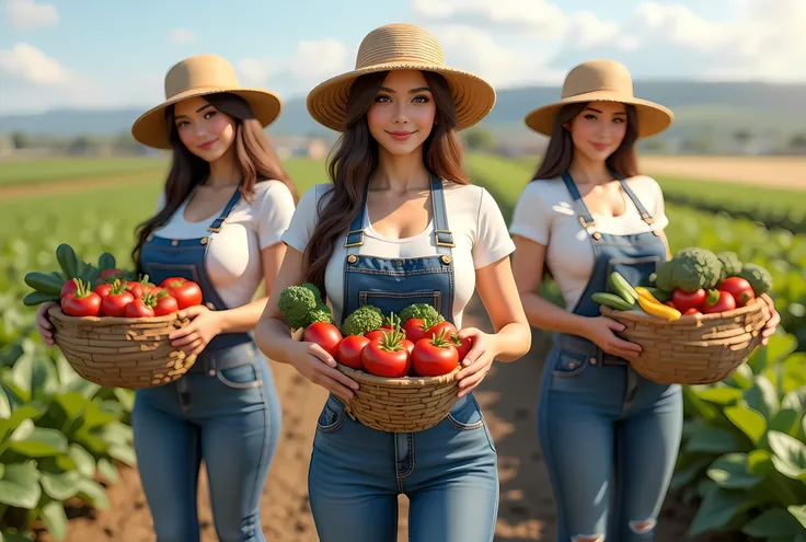 A symmetrically balanced wide angle image set of hardworking farmer girls. The scene features a lively, luscious, and shapely farmers bachelorettes with a blush and a smile, dressed in fully farmer worker outfit, shapely, holding loads of vegetables goods,...