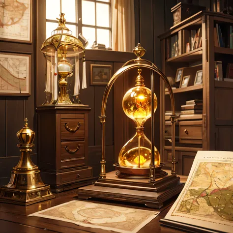 a wooden house full of trinkets and scrolls and maps 1800 era steampunk main focus on golden hourglass up close in center with magic around it 