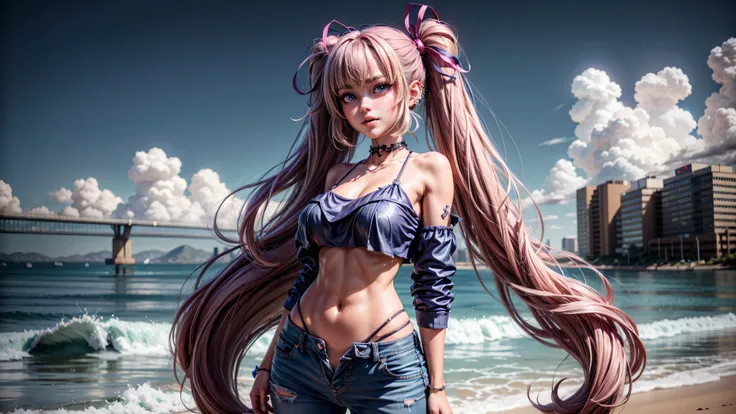 1girl, solo, cute girl, long hair, loose top, midriff, ((top loosely draped over her breasts)), underboob, looking at viewer, sexy, pants low on hips, ((unbuttoned pants)), cowboy shot, (full body portrait), beautiful lips, sexy mouth, ribbon, hair ribbon,...