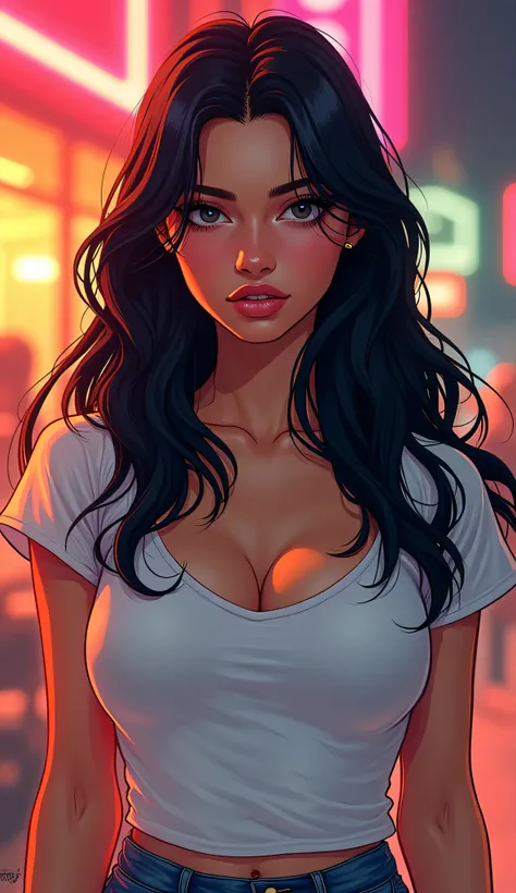 DISCREET image. with discreet casual clothes. image adult woman, american, comic book style. with a neutral face . IMAGES WITH VIBRANT COLORS. half body. long hair