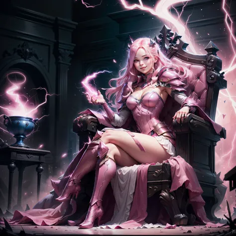 masterpiece, absurdities, extremely detailed, detailed eyes , whole body, madeoflightningai, 1 , armored, dress (lightning), magical, (pink lightning), looking at the viewer , smiling, Sitting on Throne , is, throne room, volumetric lighting ,