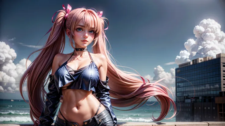 1girl, solo, cute girl, long hair, loose top, midriff, ((top loosely draped over her breasts)), underboob, looking at viewer, sexy, pants low on hips, ((unbuttoned pants)), cowboy shot, (full body portrait), beautiful lips, sexy mouth, ribbon, hair ribbon,...