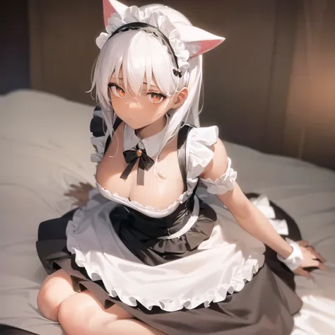 anime,chocolate dark-skinned female,cat ears wearing a maid outfit, Eye color is amber ,Background inside the mansion,The composition is stylish. A close-up, low-angle view of a young maid kneeling on the floor, looking directly into the camera with a soft...