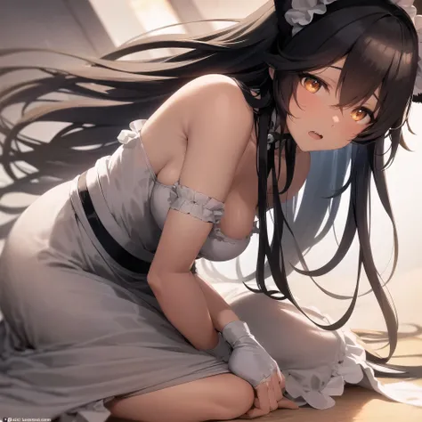 Anime-style depiction of a chocolate dark-skinned female with cat ears, dressed in a classic black and white maid outfit with delicate lace details. She has amber-colored eyes and neatly styled black hair with a small white headband. The scene is set insid...