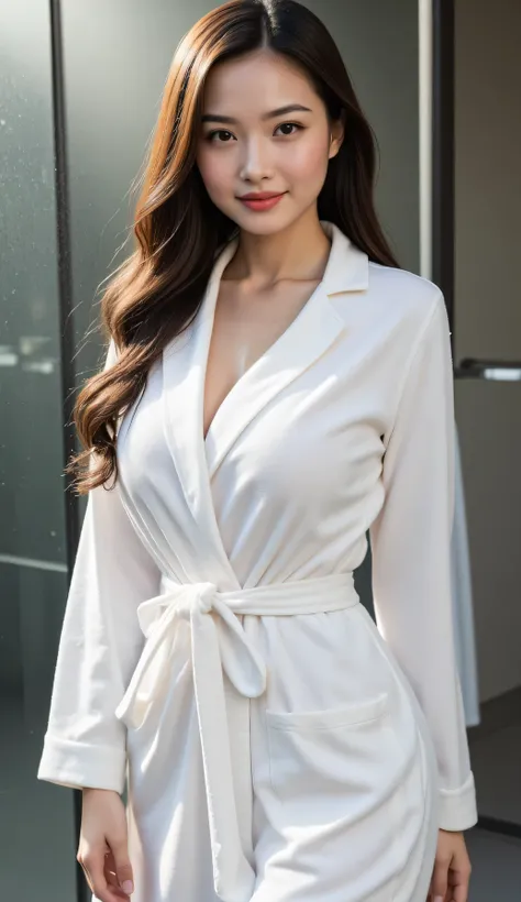 Beautiful 19year female Chinese Asian supermodel, ((realism, photorealistic, life-like photograph, score_8_up, score_9, Real-Faceji, hourglass bodyshape, droplets)), ((loose fitting white terrycloth bathrobe, pale skin albino white skin color, red lips, na...