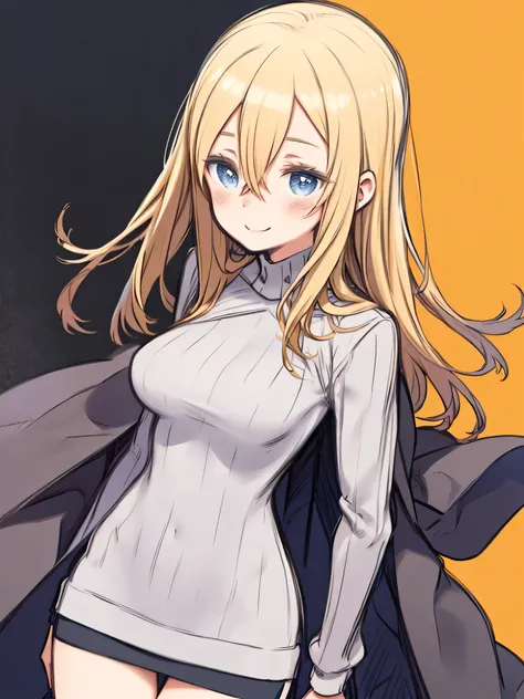 No Shadow, flat design 、 flat color、 sketch、 one mature woman、 upper body、Big Breasts、blush、 blonde hair、 long hair、hair between eyes、Thigh Gap、 front view of the company、Stand Upright、 smiles softly when they get together 、 turtleneck sweater、Cape、 penci...