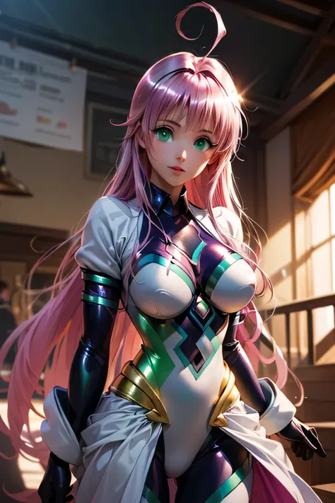  top quality, highest resolution,(((white bodysuit with metallic sheen　shiny pink hair　 shiny skin　 green eyes　 girl)))