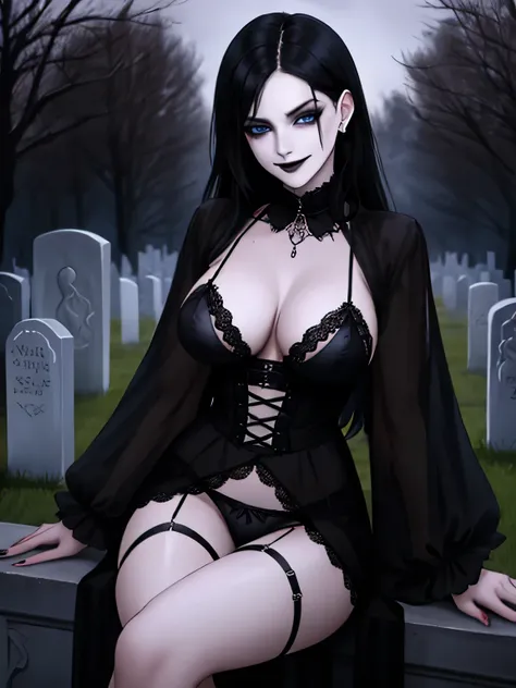 goth girl, gothic clothing, gothic jewelry, medium breast, long black hair, blue eyes, black lips, wearing white lingerie, sexy sitting at the cemetery, smirk