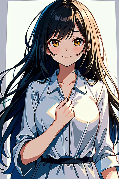 
[[[ ultra-detailed, best quality, soft skin, beautiful face, masterpiece, close-up, anime]]] one girl black_hair, yellow brown_eyes, elegant soft, gentle, smiling, casual_fashion, medium_hairstyle