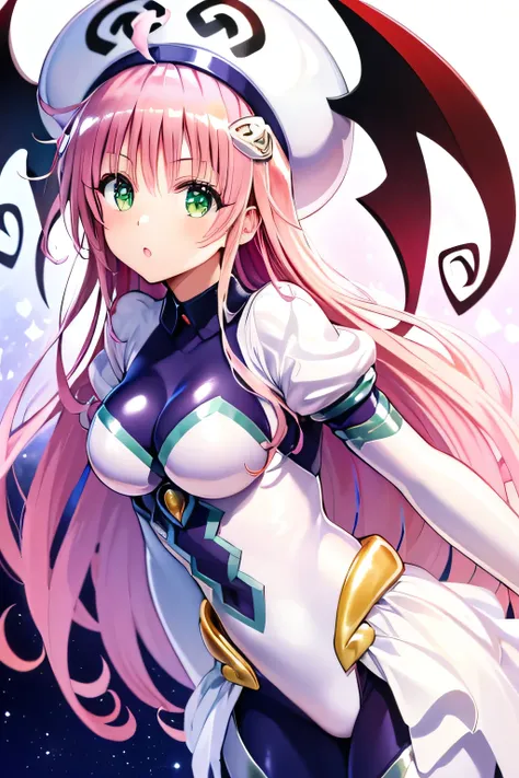  top quality, highest resolution,(((white bodysuit with metallic sheen　shiny pink hair　 shiny skin　 green eyes　 girl　hat)))