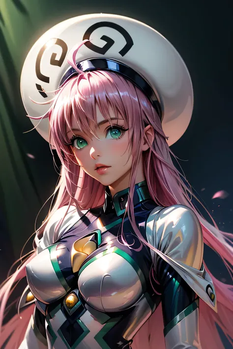  top quality, highest resolution,(((white bodysuit with metallic sheen　shiny pink hair　 shiny skin　 green eyes　 girl　hat)))