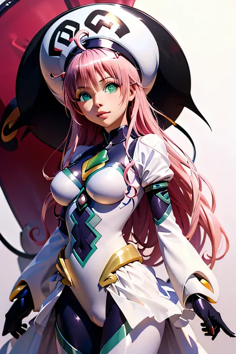  top quality, highest resolution,(((white bodysuit with metallic sheen　shiny pink hair　 shiny skin　 green eyes　 girl　hat)))