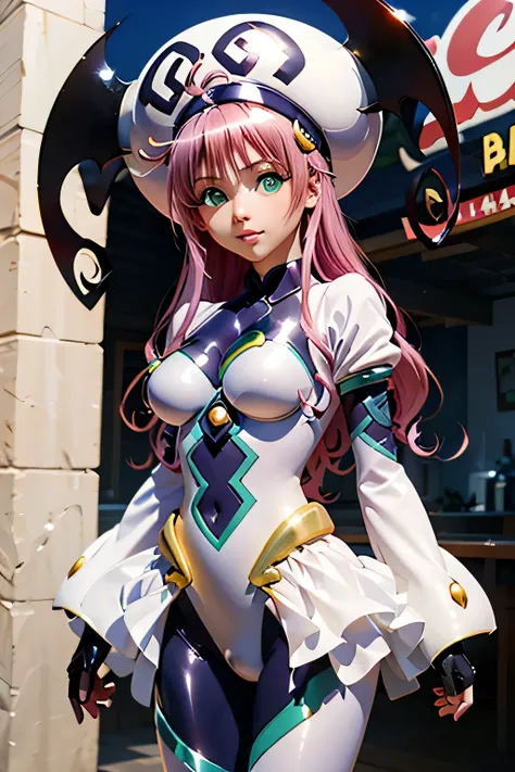  top quality, highest resolution,(((white bodysuit with metallic sheen　shiny pink hair　 shiny skin　 green eyes　 girl　hat)))