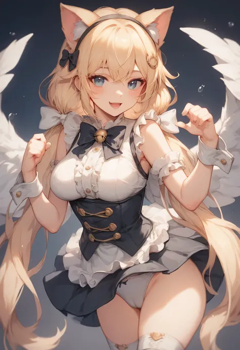 Cat Ears: The girl in the picture has beige cat ears with white details inside, sticking out of her hair.
Hair: Her hair is long, straight and light blonde in color. It is styled with two low pigtails on the sides, held with white bows with balls at the en...