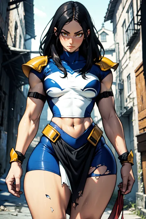 medieval villa (armor broken armor worn armor chipped armor torn armor broken armor) solo girl black hair yellow eyes pale skin huge muscles large breasts thick