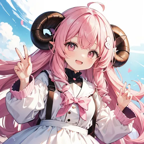 An anime-style illustration of a girl named 'Fua-chan' with long, soft pink hair styled ((in curls resembling sheep’s horns.*))* She has bright pink eyes and a beaming smile filled with excitement and happiness. **Fua-chan is raising her hand in a joyful g...