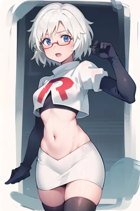 KanaShiraumi, 1girl, solo, short hair, blue eyes, white hair, small breasts, glasses, white team rocket,team rocket uniform,white skirt,red letter R,crop top,black thigh-highs,black elbow gloves, semi-rimless eyewear