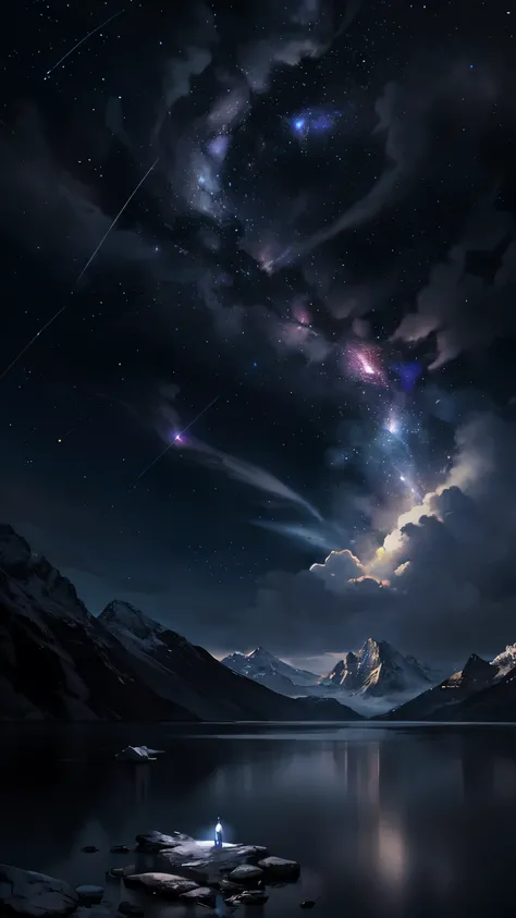  Starry Sky with Mountains and Lake , Jéssica Rossier ,  Inspired by Jéssica Rossier  , Jéssica Rossier  Fantasy Art,  Highlights of Magical Conceptual Art ,  official artwork , dream painting, ethereal realm,  Atmospheric artwork ,  dreamy matte paintings...