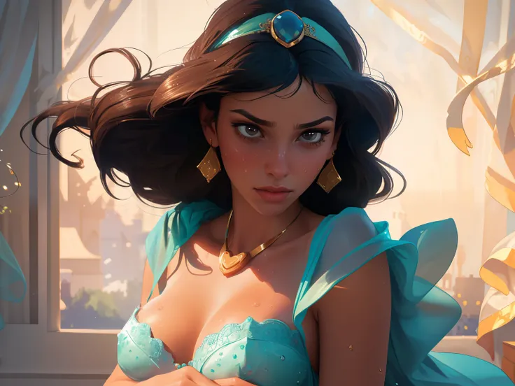 Generate a close-up image of scared looking Princess Jasmine's cleavage, focusing on the deep valley between her ample breasts, with her golden locket nestled snugly in the center, the curves of her breasts rising up on either side, her skin smooth and lum...