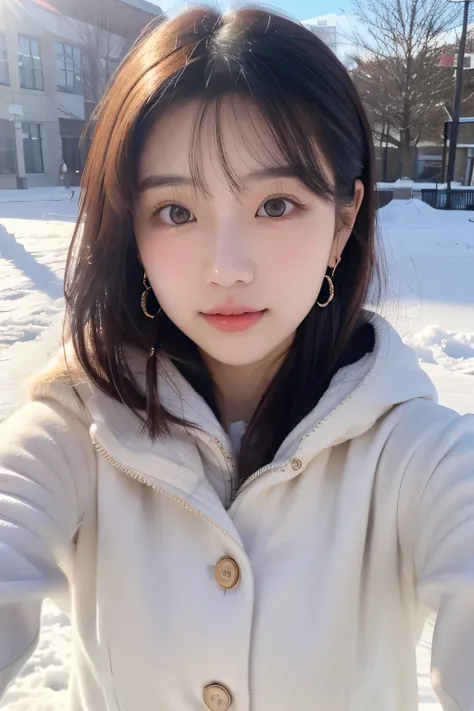 one 21yo korean woman taking a selfie showing her entire body, white skin, nice face. hyper realistic, natural skin. in a snowy university background. Wearing a winter clothing . Earrings, Blush, High Resolution, Multiple Views, Lens Flare, Accurate, Breas...