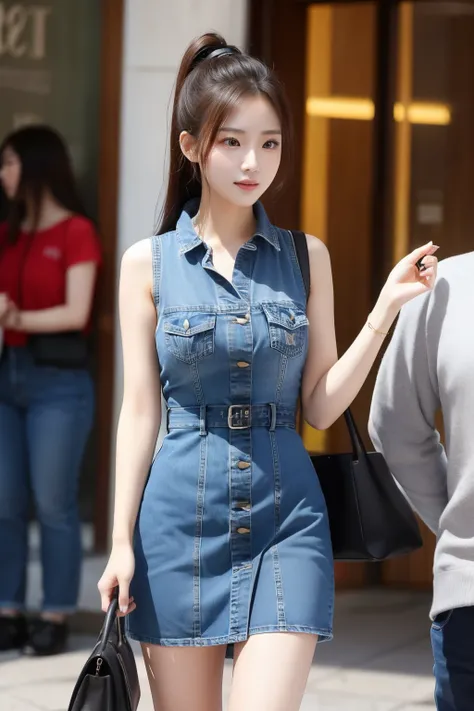 Take note of the photo of a naturally beautiful Chinese celebrity woman about 30 years old dressed in a denim dress 