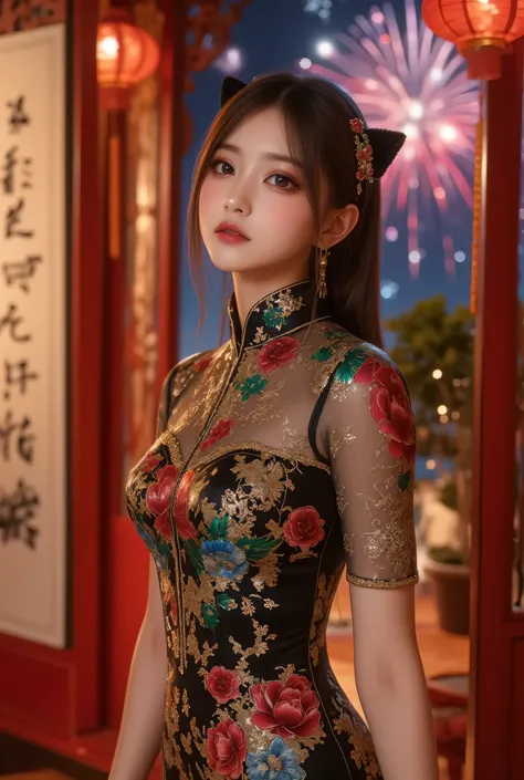 Cat ears、 face up, attractive, pretty girl, ponytail、few beautiful lady hair decorations, (( fine facial features , eroticism)), dramatic lighting , realistic , 8k, Dramatic Shadows , intricate and elaborate patterns , super detailed photo , chiaroscuro li...