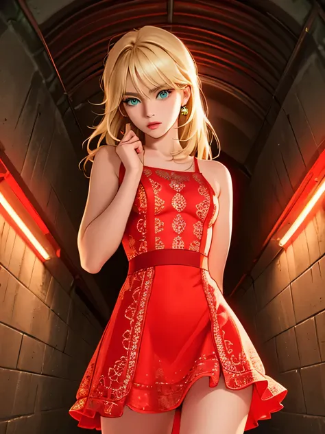 high quality, best detailing, solo girl, bright clothing, small breast, medium blond hair, ((highly detailed eyes)), green eyes, wearing red neon dress, posing, a tunnel with lights