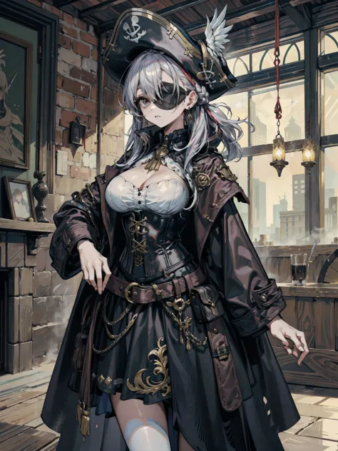 earring, half updo, hair ornament, perfect figure, Perfect Style, Perfect balance, ideal ratio body proportions, (cowboy shot:1.2), breasts, indoor, Practical pirate clothing, Long-sleeved pirate top, Skirt, pirate hat, coat, corset, black cape, parrot, ha...