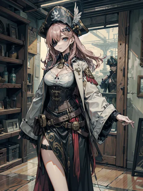 earring, half updo, hair ornament, perfect figure, Perfect Style, Perfect balance, ideal ratio body proportions, (cowboy shot:1.2), breasts, indoor, Practical pirate clothing, Long-sleeved pirate top, Skirt, pirate hat, coat, corset, black cape, parrot, ha...