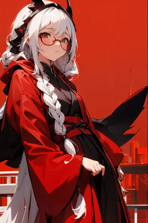 1female, black and white hair, long braided hair, red robe, black tinted glasses, bored expression, city line background, standing