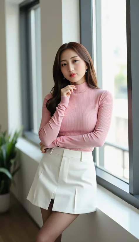 an office lady, standing by the window, skirt using a long sleeve turtle neck t-shirt in pink, using a short skirt of white color with transparent stockings of black color,