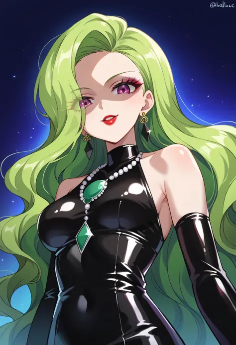 1 Girl, cute face, green hair, very long hair, wavy hair, latex alone, gloves, red lipstick, makeup, elbow-length gloves, eye shadow, bare shoulders,shiny  latex black dress, gem necklace,gigant amethyst earrings, black mist background,very evil laugh out ...