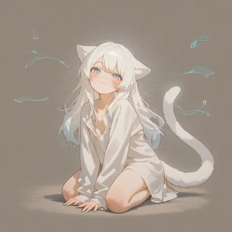 1 girl, small stature, icy blue eyes with slit pupils, delicate features, feline ears with soft white fur, long silky white hair, kneelength, heart-shaped face, blush on cheeks, gentle smile, perky feline ears, expressive tail, alabaster skin, translucent ...