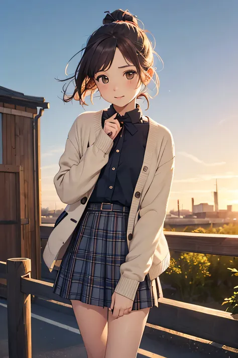  top quality、 high resolution、( high definition:1.2)、 Masterpiece、 detailed background、age beauty、 detailed face、 brightly colored hair 、 braided bob cut 、 ponytail 、 under the blue sky、 leaning against a fence on the roof of the school JK 、 style flutteri...