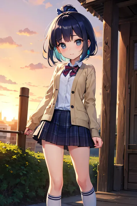  top quality、 high resolution、( high definition:1.2)、 Masterpiece、 detailed background、age beauty、 detailed face、 brightly colored hair 、 braided bob cut 、 ponytail 、 under the blue sky、 leaning against a fence on the roof of the school JK 、 style flutteri...