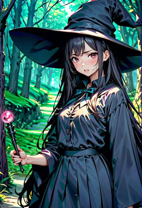 Young witch girl, Beautiful detailed red eyes, Beautiful detailed lips, Very detailed face, (smooth black long hair:1.3), Troubled face, Open your mouth, gothic lolita dress, Witch Robe:1.2, Witch Hat, Have a magic wand, (Random sexy poses), In the forest,...