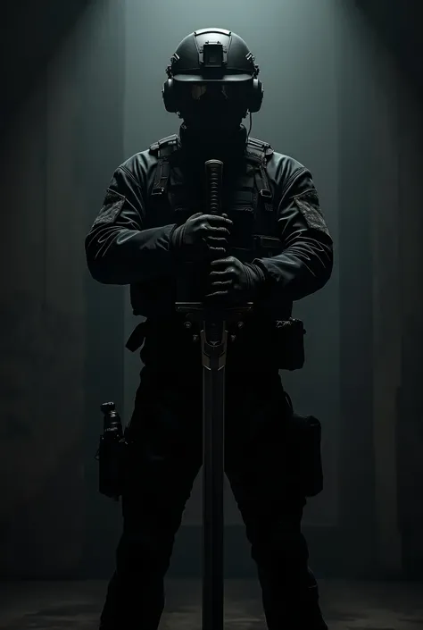 military dressed in black tactical clothing and black helmet, using a sword. 