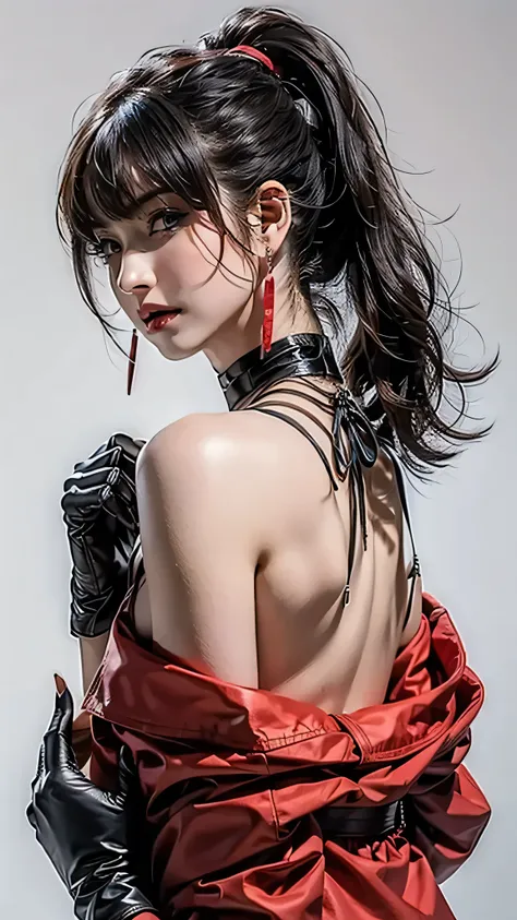 ((Beautiful Face:1.4)), (Purelos Face_v1: 1.0), Half Body,((White simple background)),one person, return,((Natural Big Breasts:1.0)), (Beautiful Japanese Women),bangs, Exposing shoulders, black gloves, Blue eyes, Braiding, choker, Earrings, fingerless glov...
