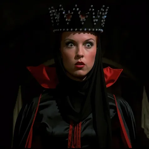 cinematic film still of Evil Queen a Long shot of a surprised woman in a black costume, Long Black Satin Cape with red satin Lining and a black crown with wide staring eyes and a shock expression on her face in 1500s 15th century, 1girl, solo, hat, upper ...